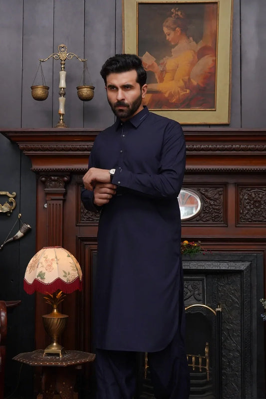 Maqsood Garments - Men's Wash & Wear Shalwar Kameez With Collar - Navy Blue