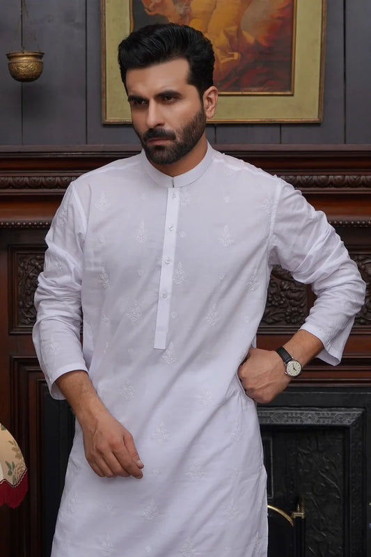 Maqsood Garments - Cotton Embroidered Men's Kameez Shalwar - White