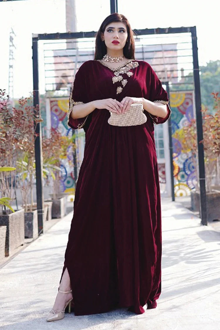 Picture of Stitch Vibes - Velora Collection - Maroon Velvet Kaftan - Available at Raja Sahib