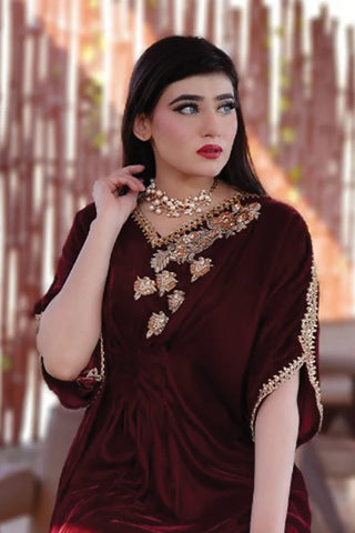 Picture of Stitch Vibes - Velora Collection - Maroon Velvet Kaftan - Available at Raja Sahib