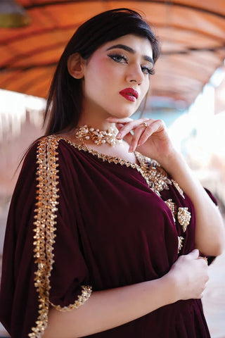 Picture of Stitch Vibes - Velora Collection - Maroon Velvet Kaftan - Available at Raja Sahib