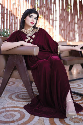 Picture of Stitch Vibes - Velora Collection - Maroon Velvet Kaftan - Available at Raja Sahib