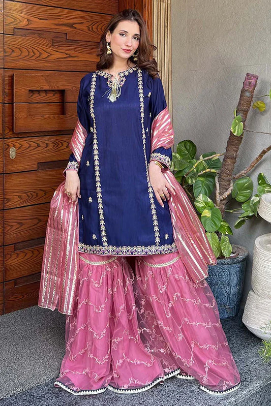 Modest - 3 Piece Women Raw Silk Gharara - Gulnoor