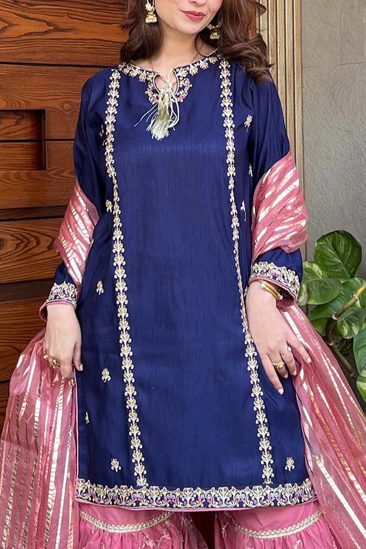 Modest - 3 Piece Women Raw Silk Gharara - Gulnoor
