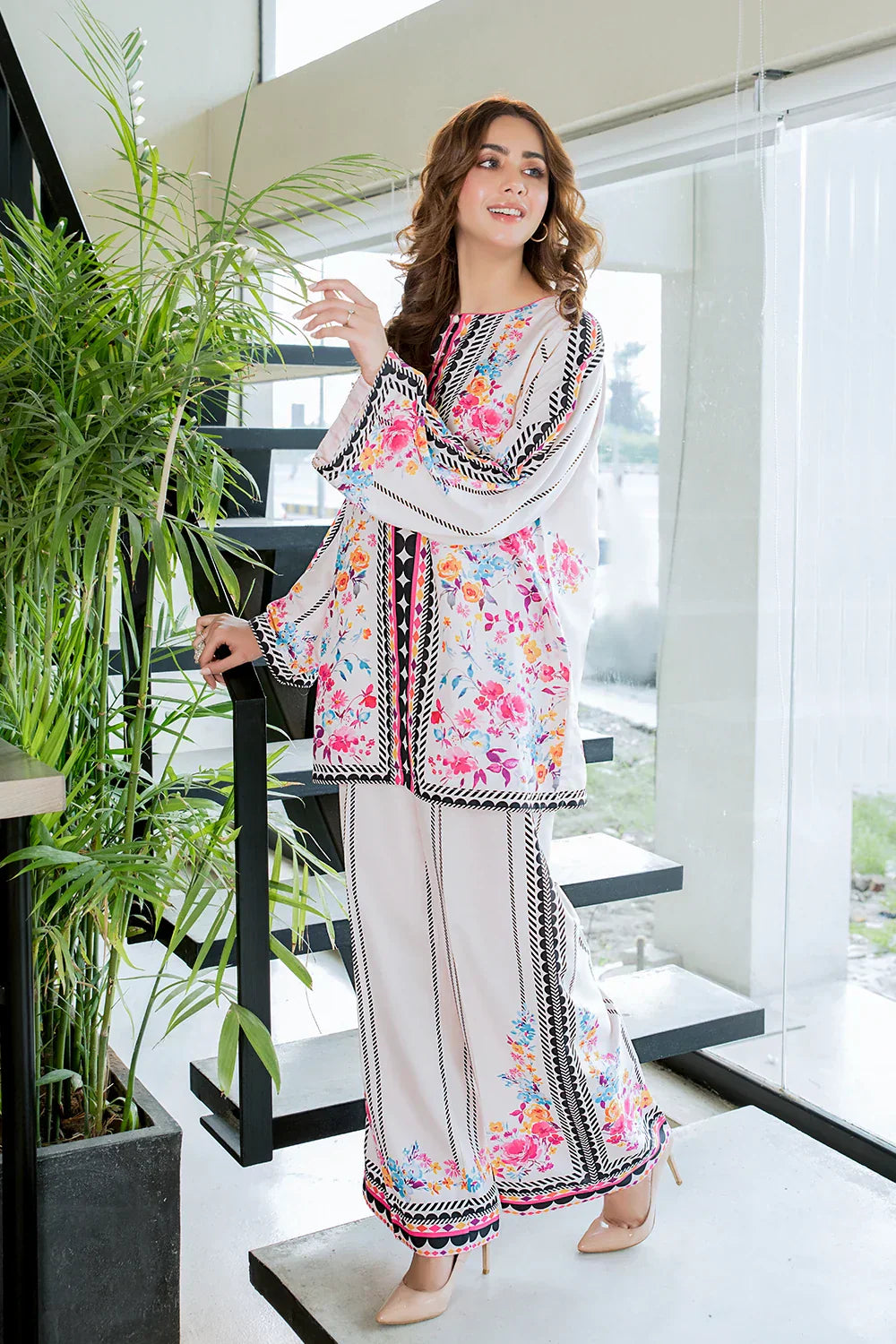 Picture of Ivory Water Floral Fusion Print Co-Ord Set - Available at Raja Sahib