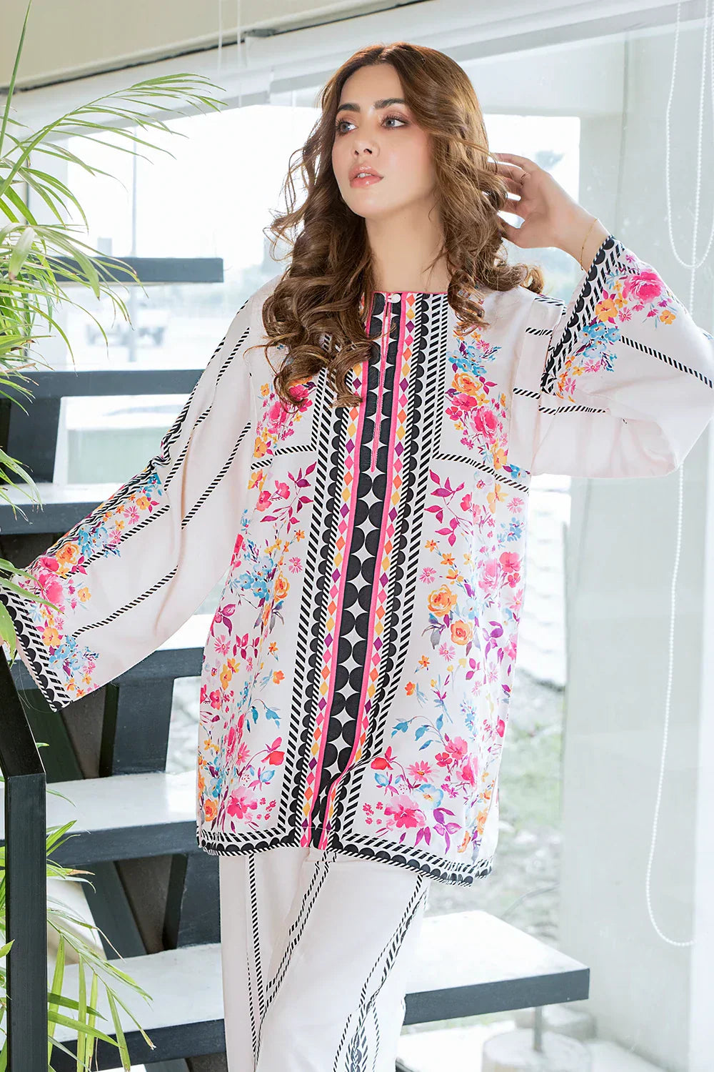 Picture of Ivory Water Floral Fusion Print Co-Ord Set - Available at Raja Sahib