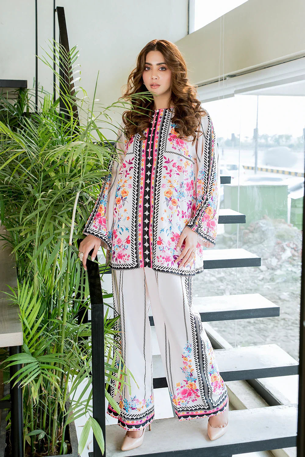 Picture of Ivory Water Floral Fusion Print Co-Ord Set - Available at Raja Sahib