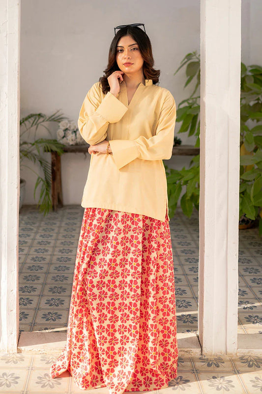 Zauk - Eid Edit - Shirt & Printed Skirt - Lemon Yellow
