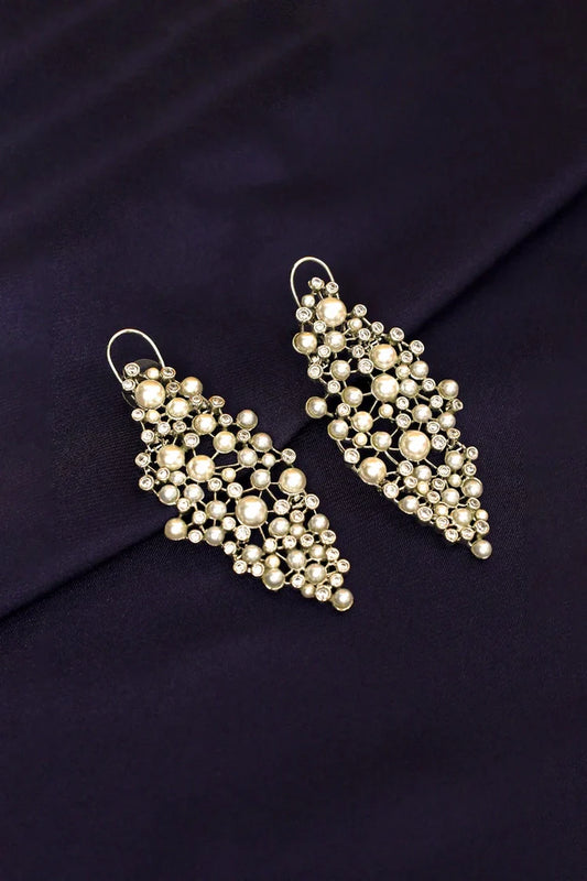 Zehnaz - Pearl Drop Earrings Silver-Toned Vine Cluster with Rhinestone Accents