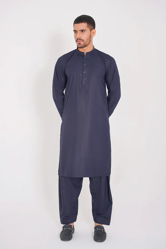 Stitched Navy Blue Blended Plain Dress with Band Collar