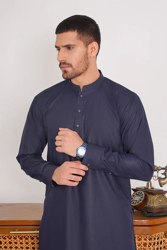 Stitched Navy Blue Blended Plain Dress with Band Collar