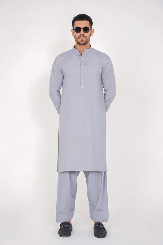 Light Grey Blended Stitched Dress with Band Collar