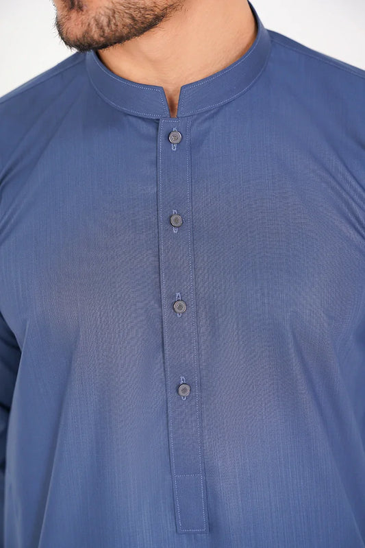 Royal Blue Stylish Blended 2 Pc Dress with Band Collar