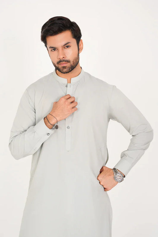 Ash Grey Blended Stitched 2 Pc with Band Collar and Buttoned Placket