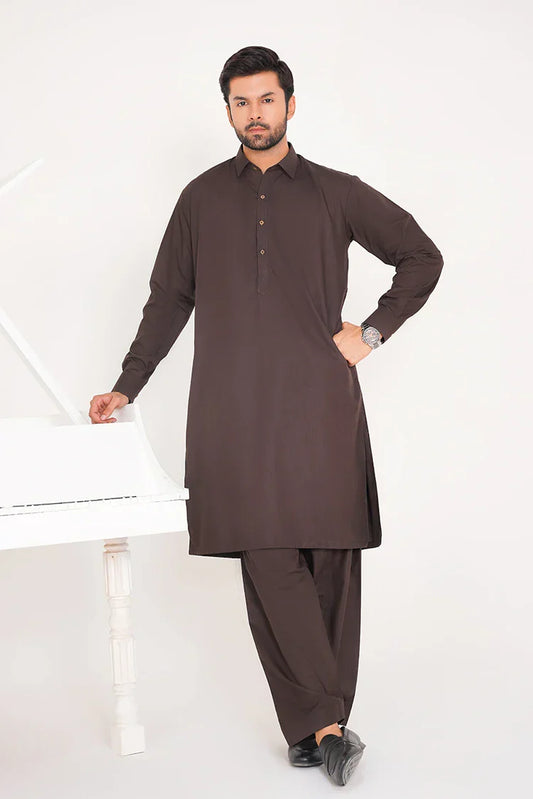 Coffee Brown Blended Stitched Suit with Collar and Buttoned Placket