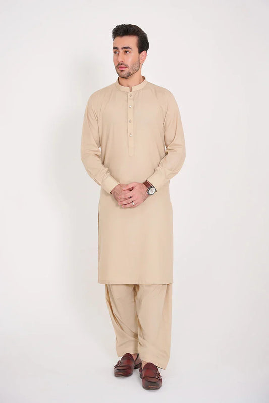 Light Beige Blended Suit Set for Men Band Collar