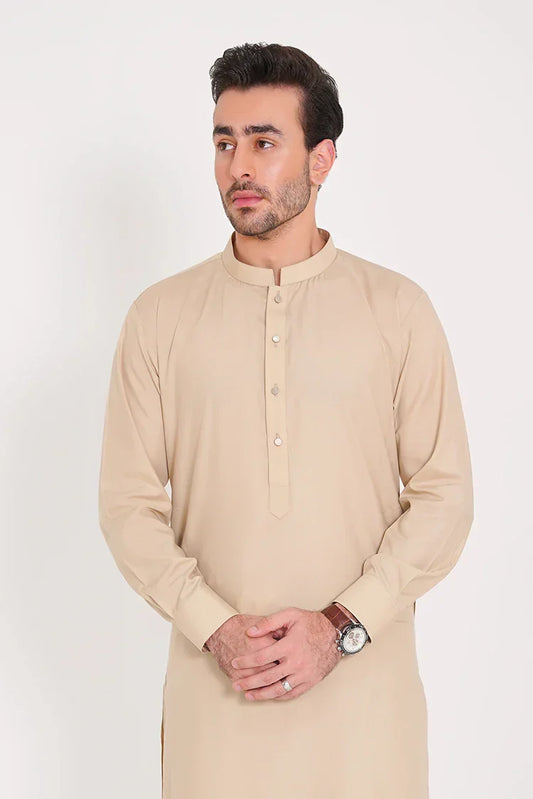 Light Beige Blended Suit Set for Men Band Collar