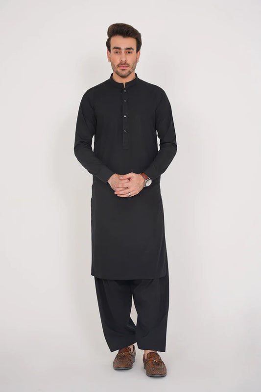 Black Stitched Stylish Suit with Band Collar and Double Placket