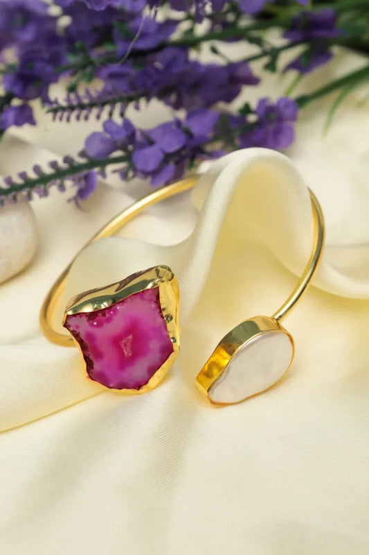 Zehnaz - Gold-Plated Druzy Agate Cuff Bracelet with Pink & White Stones