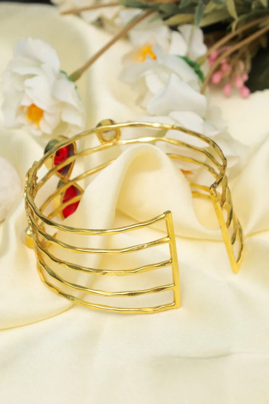 Zehnaz - Gold-Plated Multi-Band Red Stone & Pearl Cuff Bracelet
