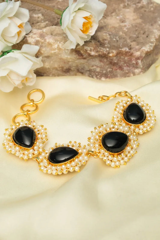 Zehnaz - Gold-Tone Black Stone & Pearl Cluster Bracelet Ethnic Statement Jewelry