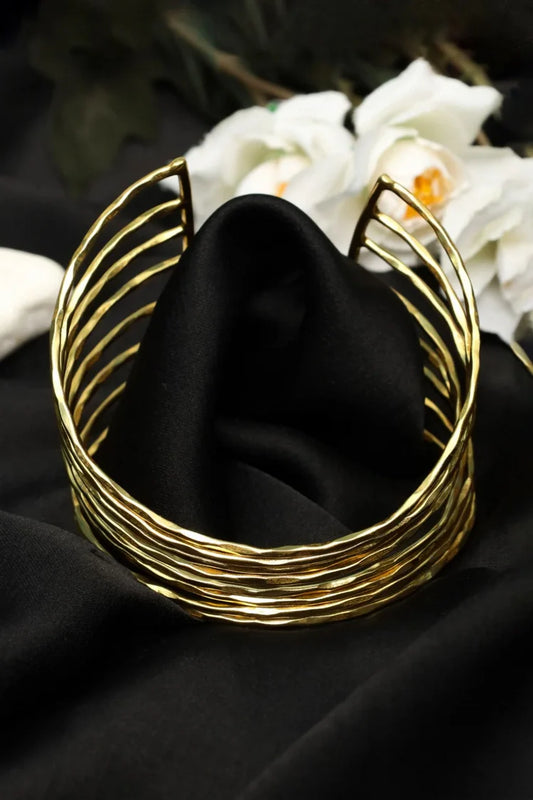 Zehnaz - Gold Tone Geometric Cage Wide Cuff Bracelet