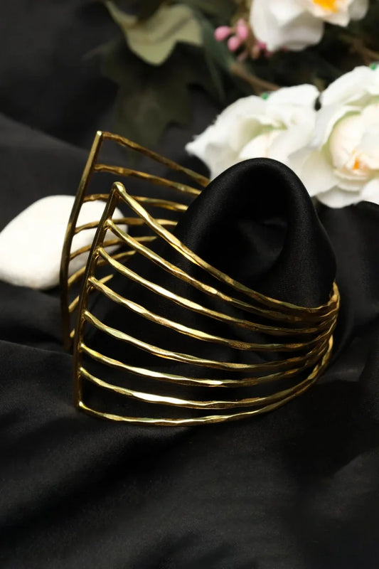 Zehnaz - Gold Tone Geometric Cage Wide Cuff Bracelet