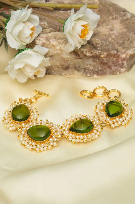 Zehnaz - Gold Kundan Green Stone & Pearl Bracelet