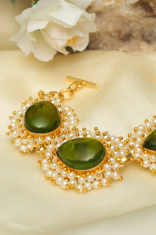 Zehnaz - Gold Kundan Green Stone & Pearl Bracelet