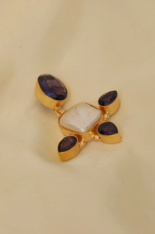 Zehnaz - Gold Plated Amethyst Drop Statement Earrings