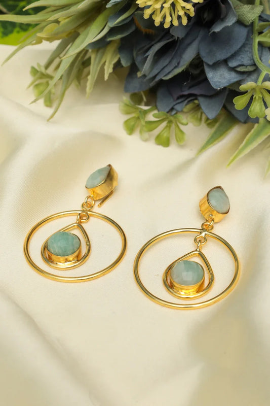 Zehnaz - Gold Plated Aqua Teardrop Hoop Earrings
