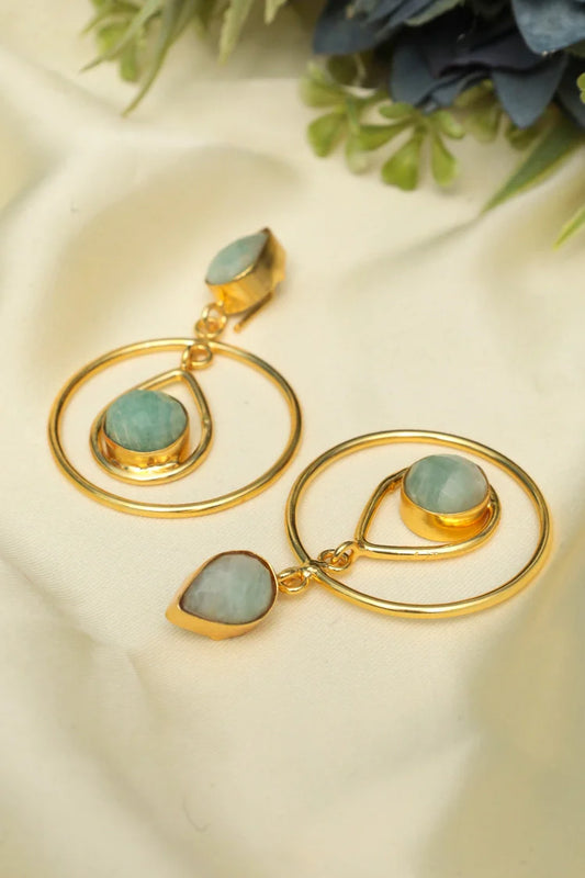 Zehnaz - Gold Plated Aqua Teardrop Hoop Earrings