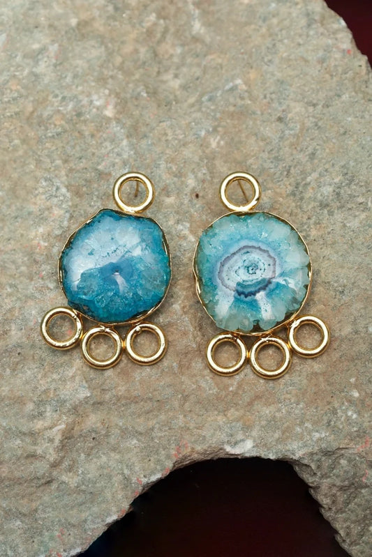 Zehnaz - Gold Plated Blue Druzy Stud Earrings