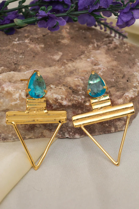 Zehnaz - Gold Plated Blue Geometric Drop Earrings