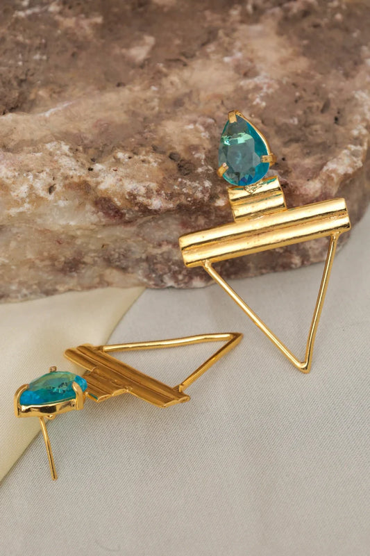 Zehnaz - Gold Plated Blue Geometric Drop Earrings
