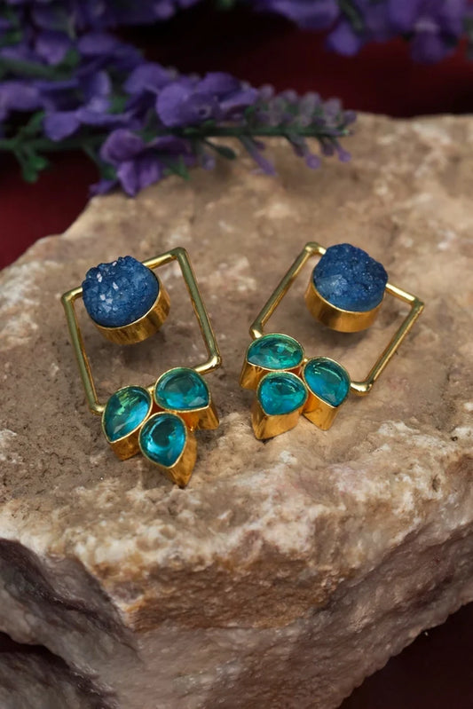 Zehnaz - Gold Plated Druzy Leaf Statement Stud Earrings