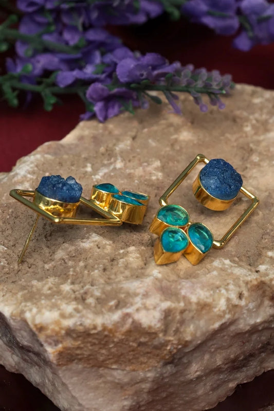 Zehnaz - Gold Plated Druzy Leaf Statement Stud Earrings