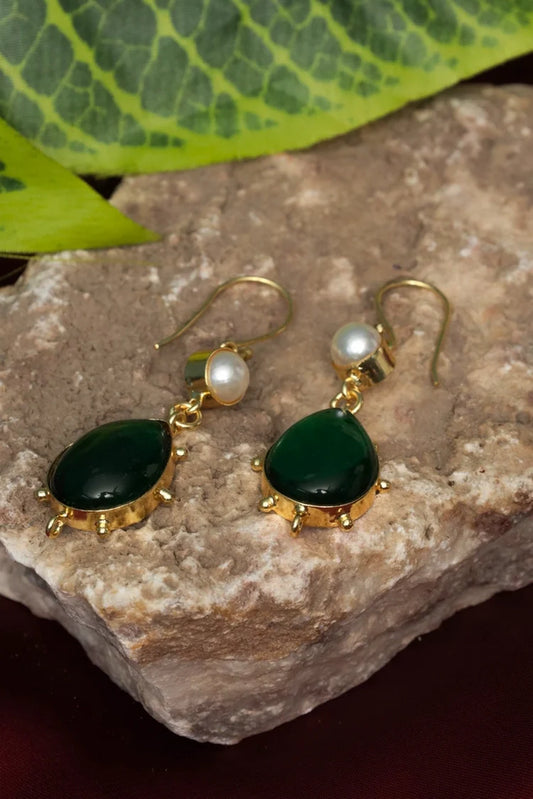 Zehnaz - Gold Plated Emerald Pearl Drop Earrings