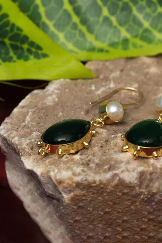Zehnaz - Gold Plated Emerald Pearl Drop Earrings