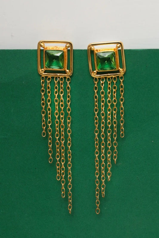 Zehnaz - Gold Plated Emerald Tassel Drop Statement Earrings