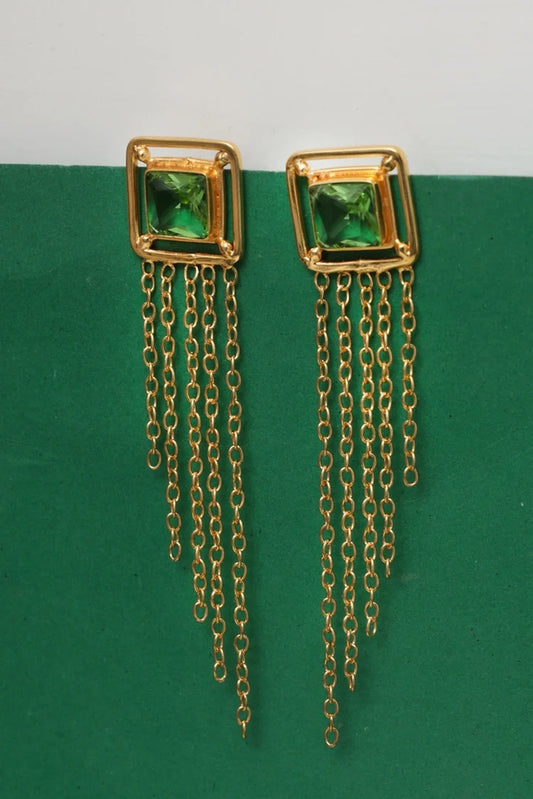 Zehnaz - Gold Plated Emerald Tassel Drop Statement Earrings