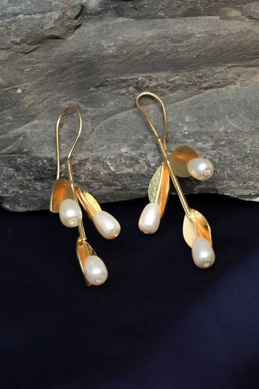 Zehnaz - Gold Plated Leaf Pearl Drop Statement Earrings