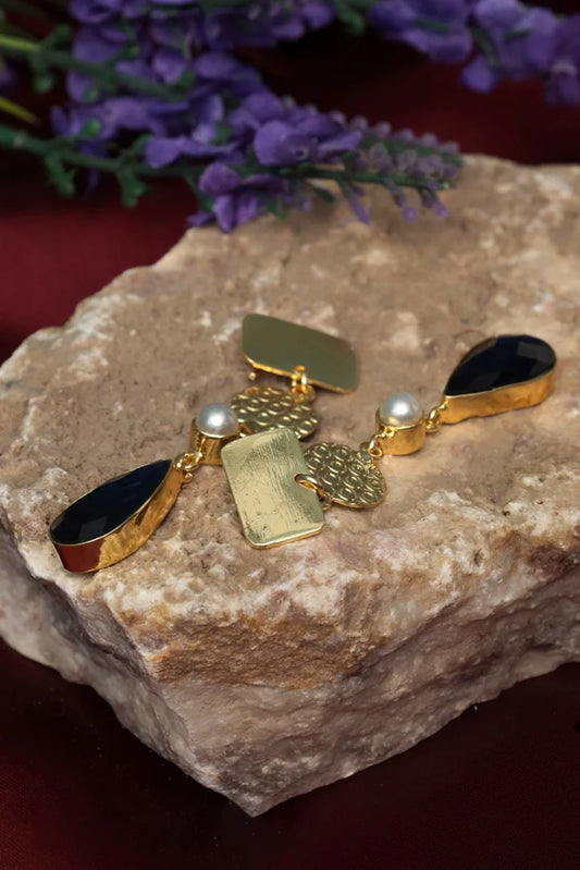 Zehnaz - Gold-Plated Onyx Pearl Drop Earrings