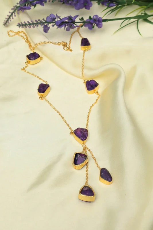 Zehnaz - Amethyst Drop Necklace Gold-Toned Raw Gemstone Statement Jewelry