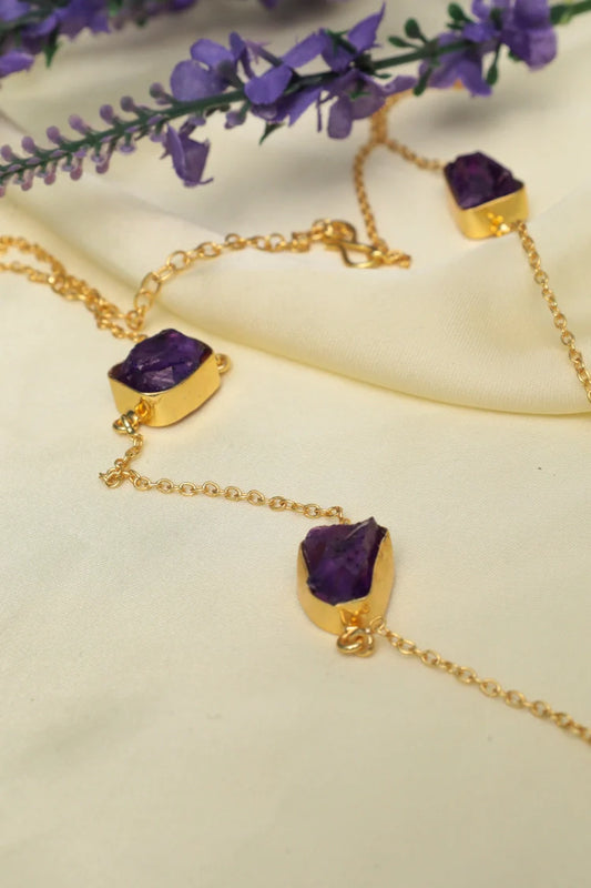 Zehnaz - Amethyst Drop Necklace Gold-Toned Raw Gemstone Statement Jewelry