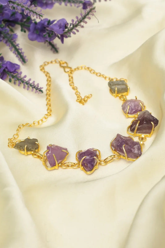 Zehnaz - Amethyst Raw Necklace Gold-Plated Statement Jewelry with Raw Crystals