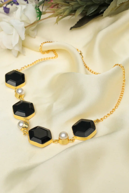 Zehnaz - Black Hexagon & Pearl Chain Necklace Gold-Tone Statement Jewelry