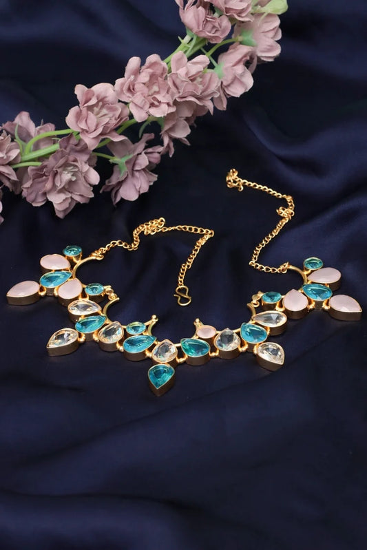 Zehnaz - Blue Gold Necklace Gold-Plated Floral Statement Jewelry