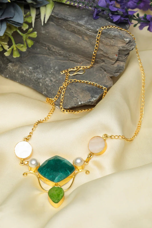 Zehnaz - Emerald Amethyst Pendant Gold-Plated Gemstone Statement Necklace