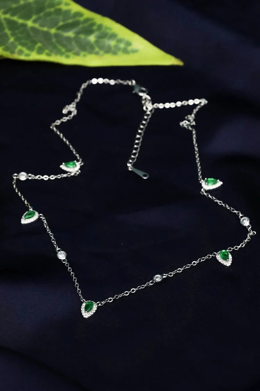 Zehnaz - Green Pear & White CZ Drop Necklace Silver Plated Jewelry